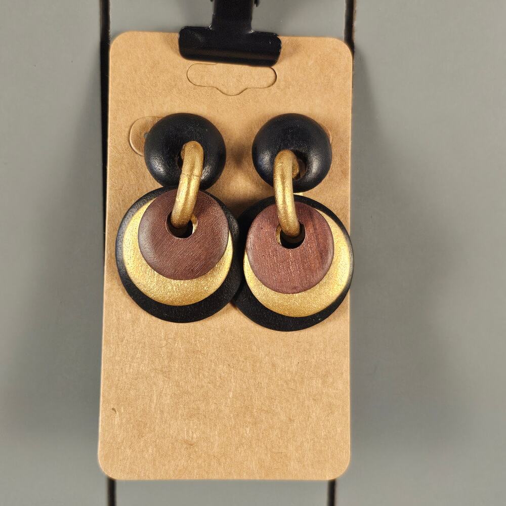 Vintage Style Wooden Disc Drop Earrings Black Brown Gold Boho Retro Jewelry